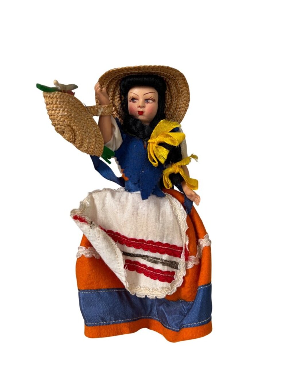 Handcrafted Vintage Italian Folk Doll Traditional Dress Straw Hat & Basket